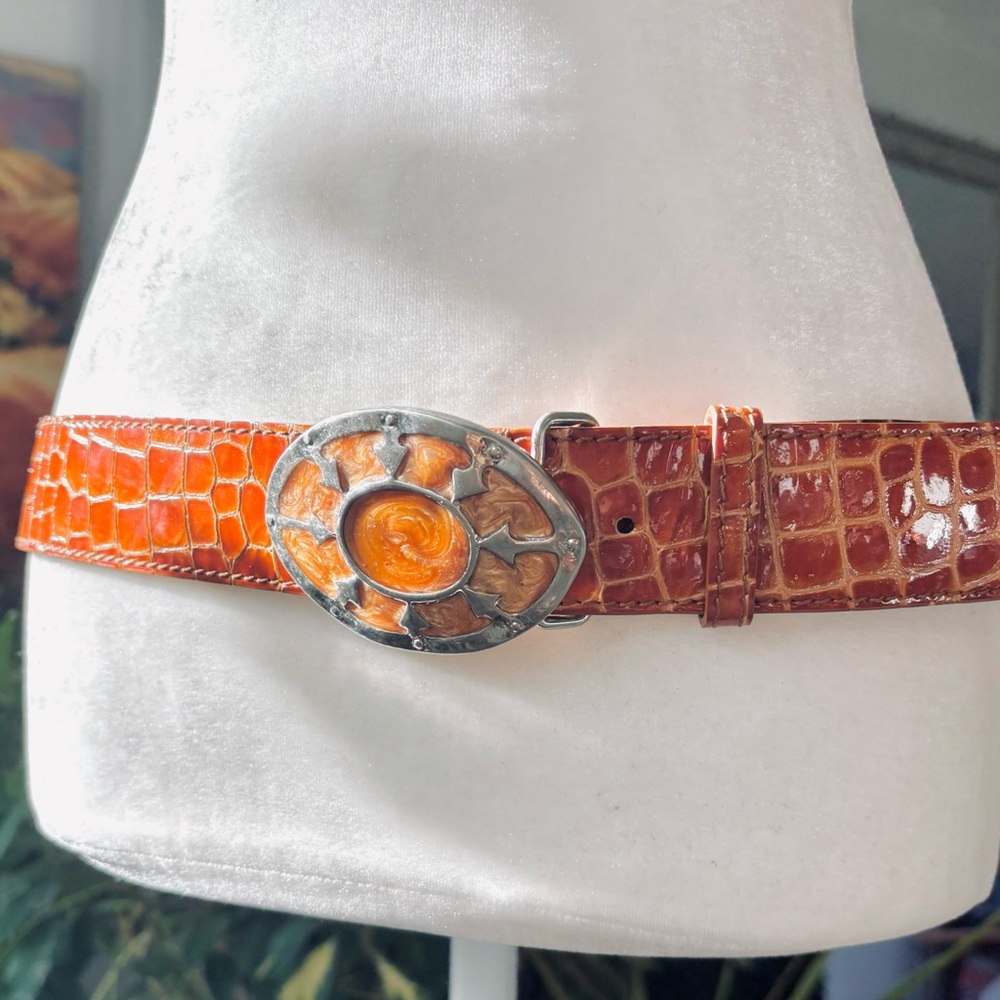 Genuine Leather Rust Garuglieri Italian Made Crocodile Pattern Embossed Belt-MED - Picture 4 of 12